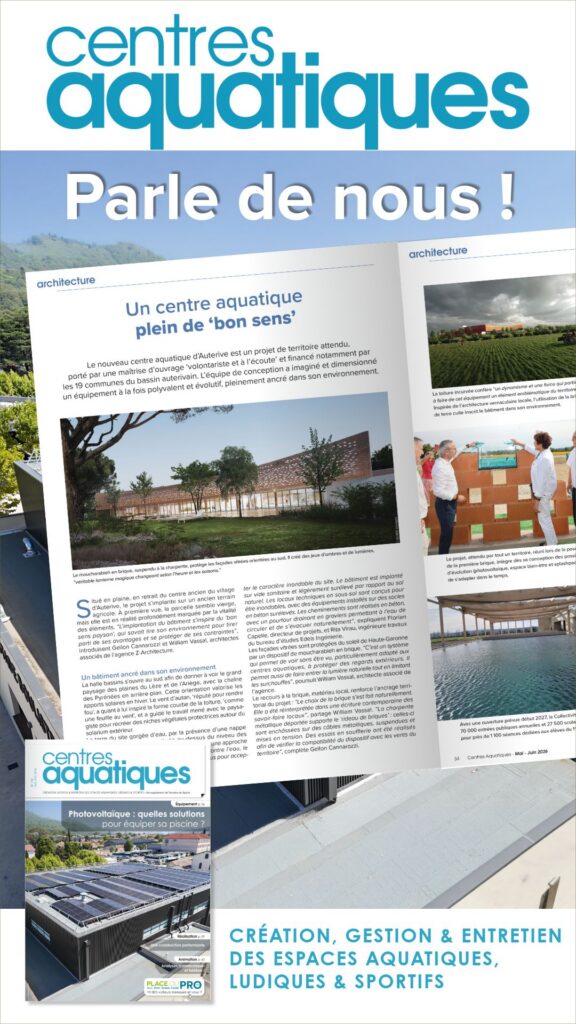 Montage éditorial mettant en avant le dossier de presse sur Edeis Ingénierie dans le magazine Centres Aquatiques.