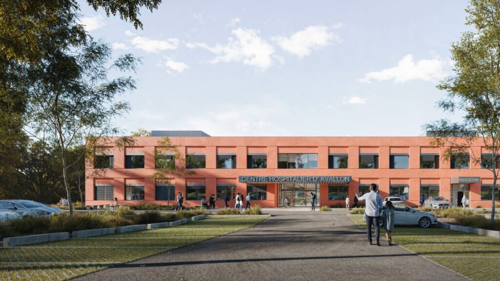 Illustration architecturale du futur centre hospitalier d’Avallon, avec sa façade en briques rouges, son entrée principale, son service d’imagerie et ses aménagements paysagers.
