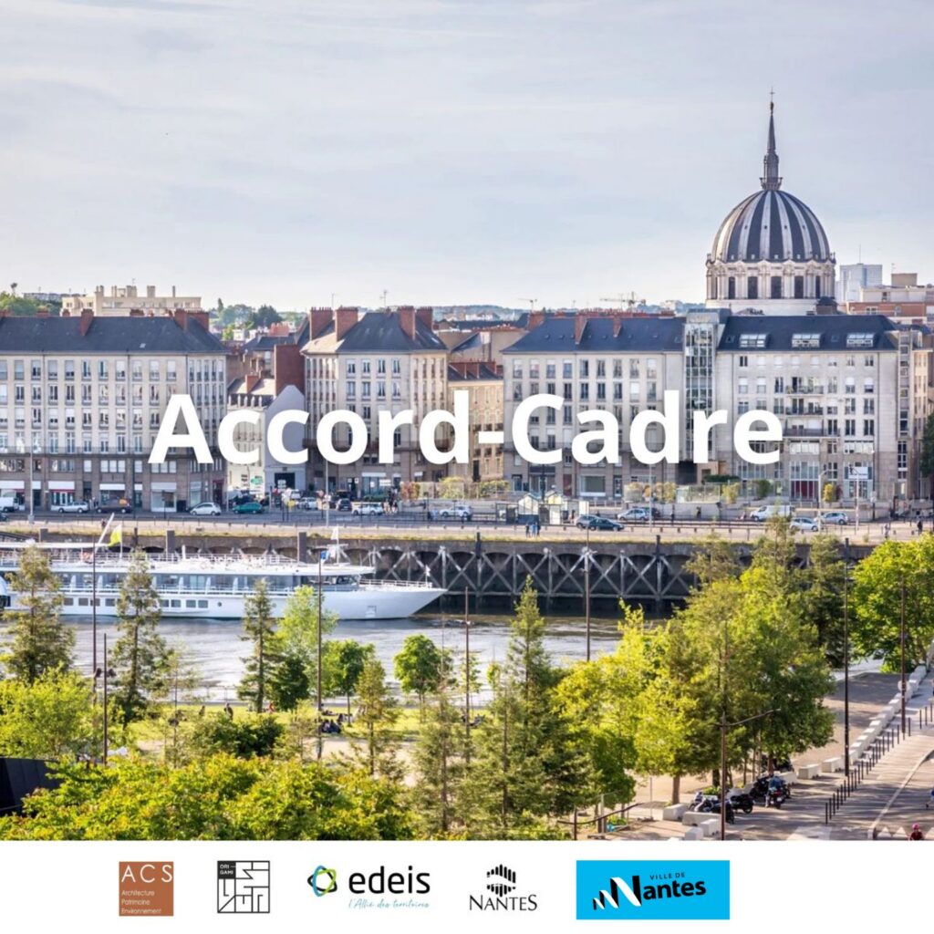Visuel présentant un accord-cadre à Nantes, avec une vue de la ville depuis la Loire, le dôme de l’ancienne usine LU en arrière-plan et les logos des partenaires, dont Edeis, la Ville de Nantes et Nantes Métropole.