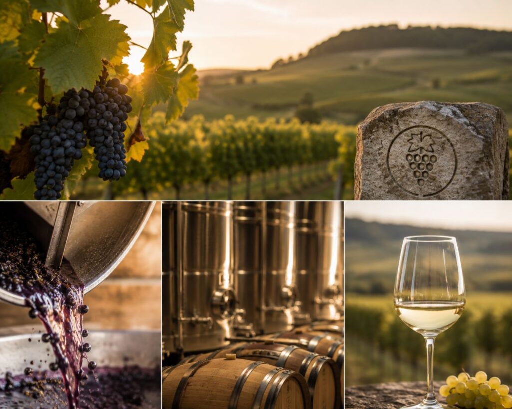 Composition visuelle retraçant les principales étapes de la production viticole, de la culture de la vigne à la vinification et à la dégustation.