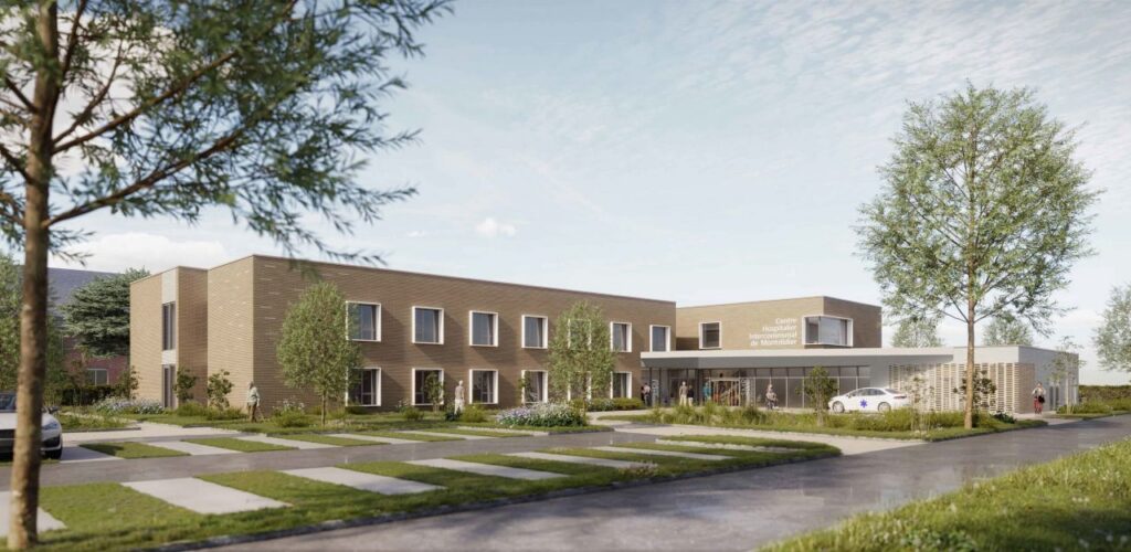 Perspective architecturale d’un bâtiment du centre hospitalier intercommunal de Montdidier, avec entrée vitrée et abords végétalisés.